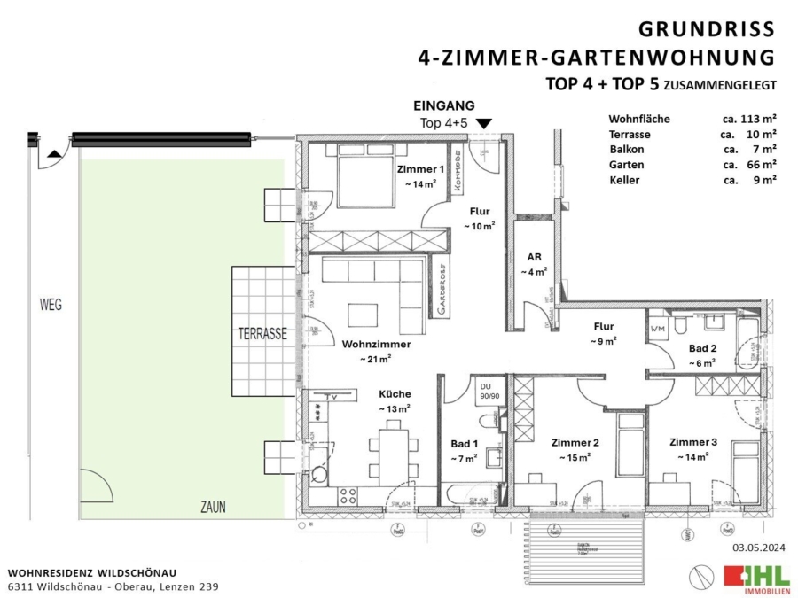 Top 4+5 - 4-Zimmer, Gartenebene - Grundriss